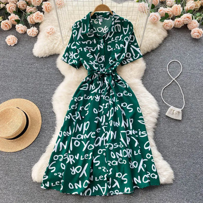 Beautiful Letter Print Single Breasted  Midi Long Dress