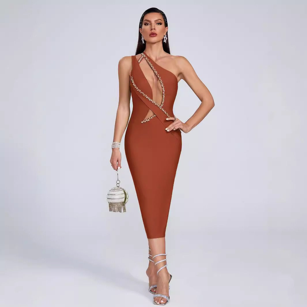 Fashionable Sexy One Shoulder Bandage dress with a Deep Vee-Neck Front Cut-Out