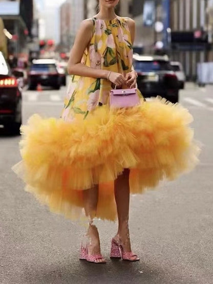 Trendy Bright Yellow Floral Sleeveless Dress with a Puffy Skirt