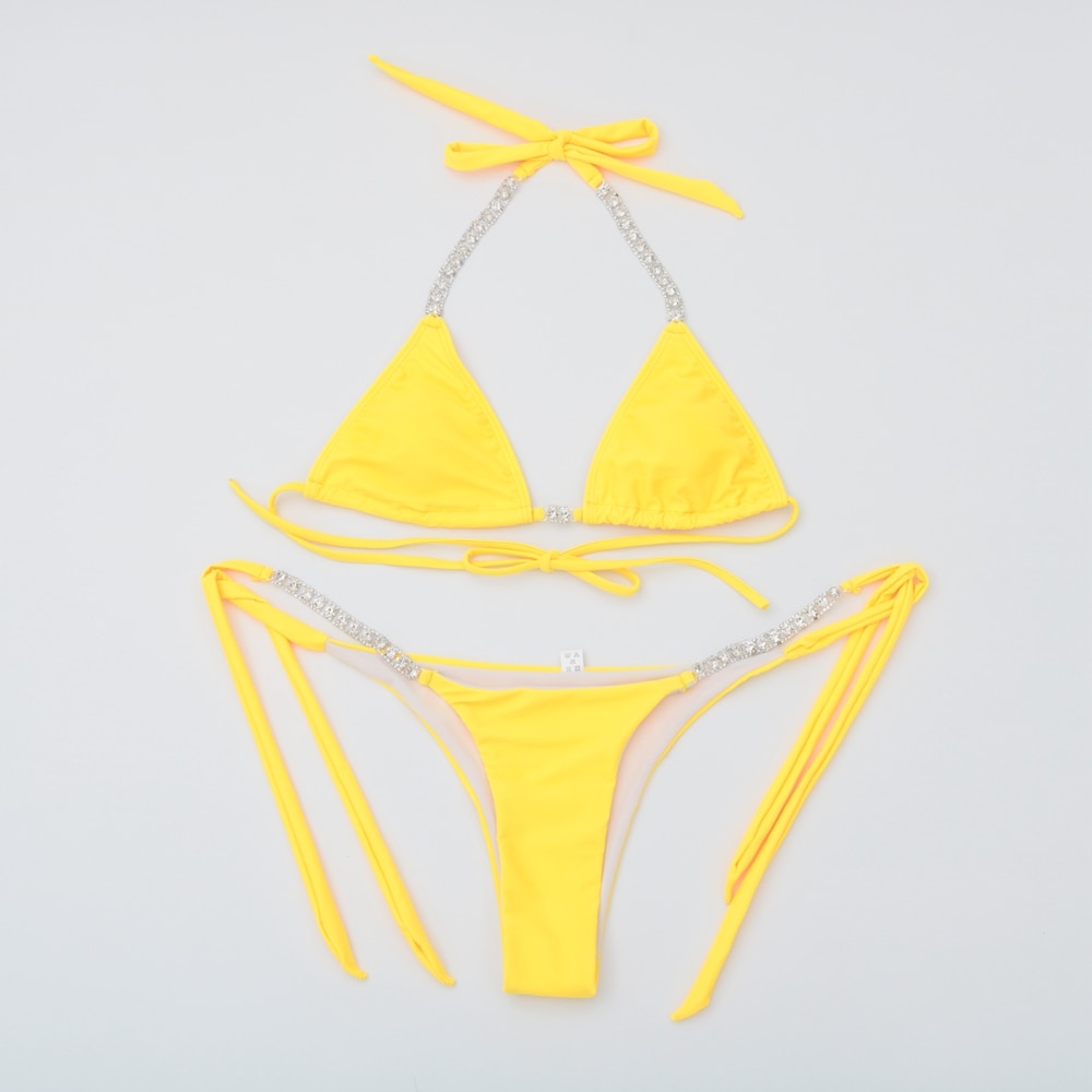 Chic Diamond-Embellished Bikini Set – Black, Bridal White, Yellow & Orange
