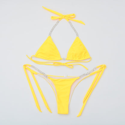 Chic Diamond-Embellished Bikini Set – Black, Bridal White, Yellow & Orange