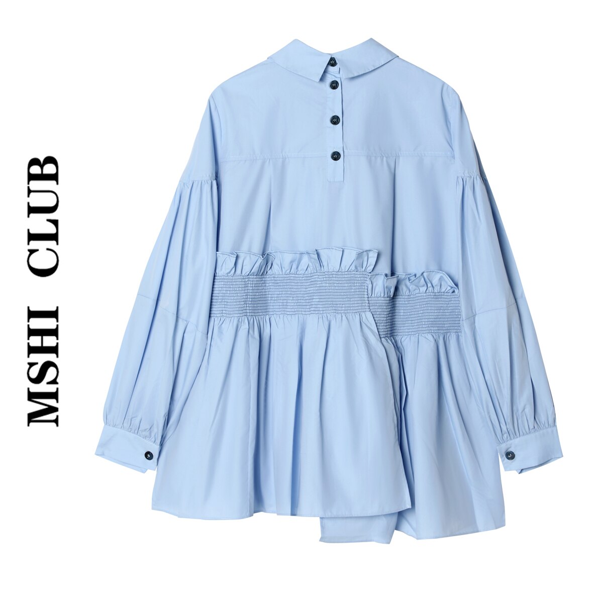 Sky-Blue Smocked Ruffle Asymmetrical Poplin Blouse
