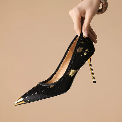 Gilded Splatter Pony-Hair Pointed-Toe Stiletto Leather Pumps