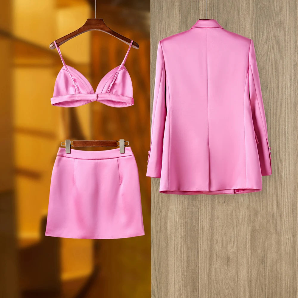 Women's Pink Satin 3-Piece Blazer Set-Stylish Mini Skirt, Bra Top and Stunning Blazer