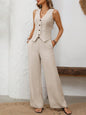 Button-Front Vest & Wide-Leg Drawstring Pant Two-Piece Set