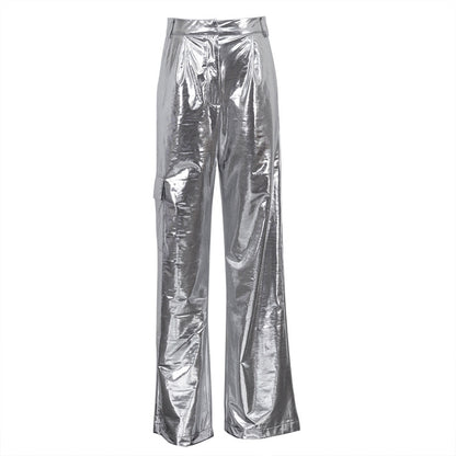 Futuristic Metallic-Silver Cargo Trousers