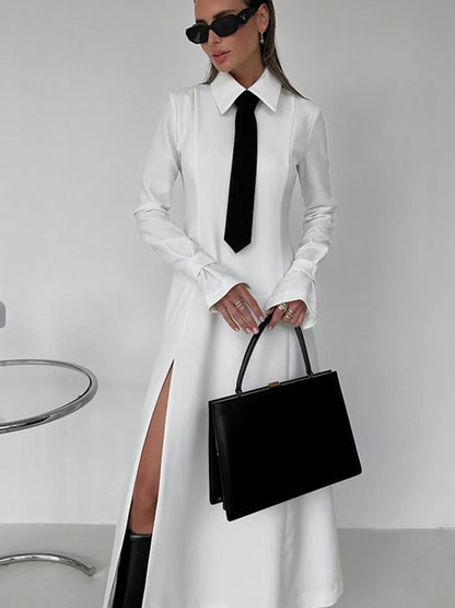 Fashionable Long Sleeves White Shirt Dress With Black Tie