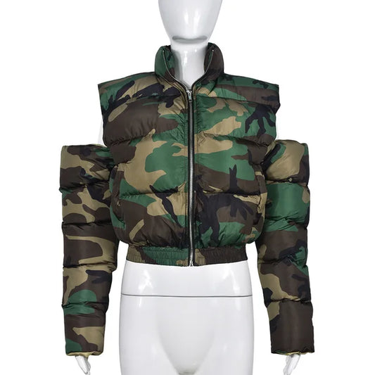 Women's Cotton-Padded Short Camouflage zippered Puffer Jacket With Cut Out Sleeves