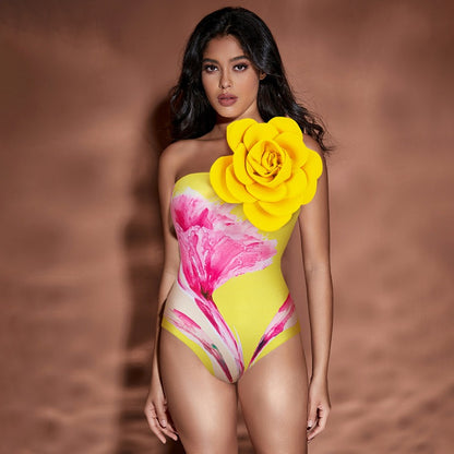 One-piece Floral Print Swimsuit with a 3D Flower Design Paired with a Long  Chiffon Skirt