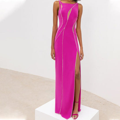 Long Women Evening Dress Round Neck Sleeveless with Rhinestone and  Cut-Out  Design Details