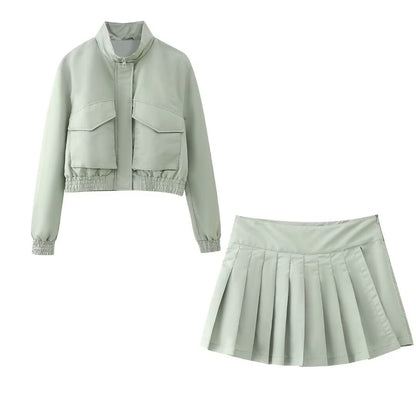 Trendy Green zippered Jacket+ Pleated Mini Skirt Set