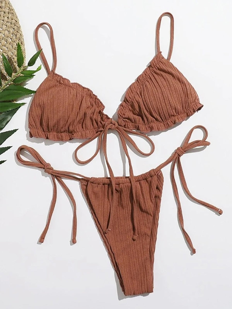 Ribbed Tie-Front Triangle Bikini Set-Multiple Colors