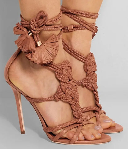 Knotted Tassel Lace-Up Stiletto Sandals