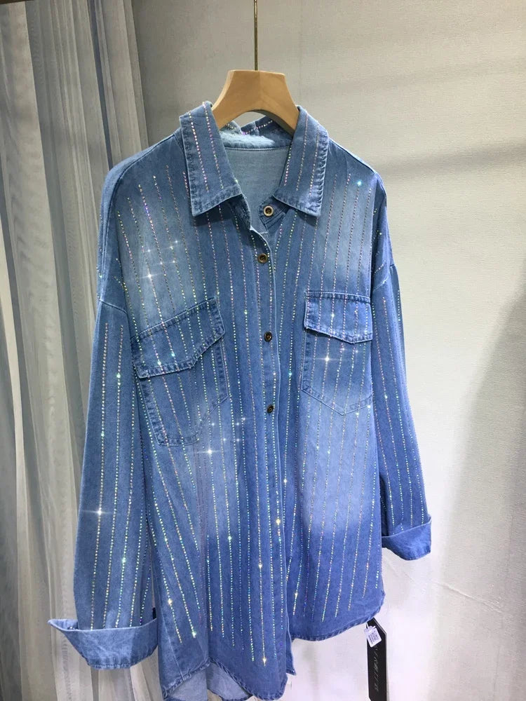 Sparkle-Striped Denim Utility Shirt