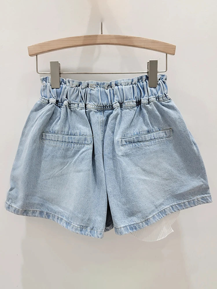 Women's Denim Shorts  With Elastic High Waist and  Flower Design