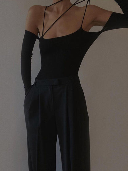 Edgy  Crisscross Straps Black  Body Suit