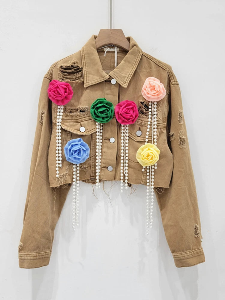 Trendy Torn Denim Jacket with Colorful Flowers and Diamonds Tassel Design Details