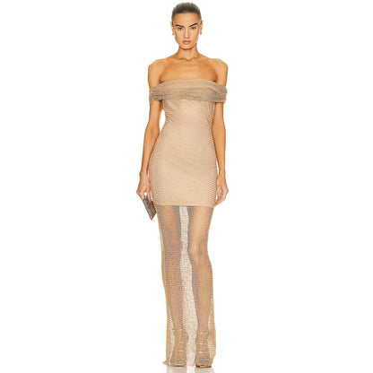 Chic Off the Shoulder Gold Coloured Dress With  Perspective Sequins.