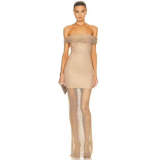 Chic Off the Shoulder Gold Coloured Dress With  Perspective Sequins.