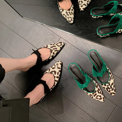 Leopard Bow-Embellished Pointed-Toe Mule Flats