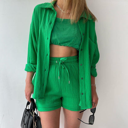 Women's Wrinkled Long-sleeved Shirt and High-waisted Drawstring Shorts Two-piece set, Comes in Multiple Colors