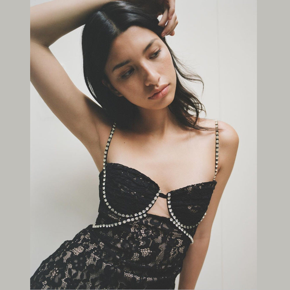 Midnight Elegance Black Lace Pearl-Trim Dress