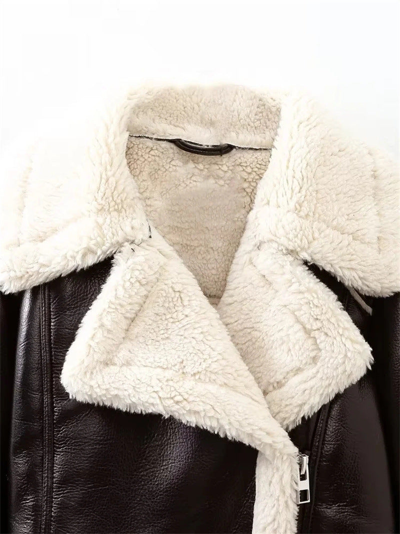 Women's Thick Warm Faux Leather Shearling Cropped Vintage Style Jacket