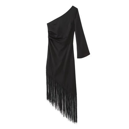 Elegant  Fringe Dress  With Asymmetrical Sleeve