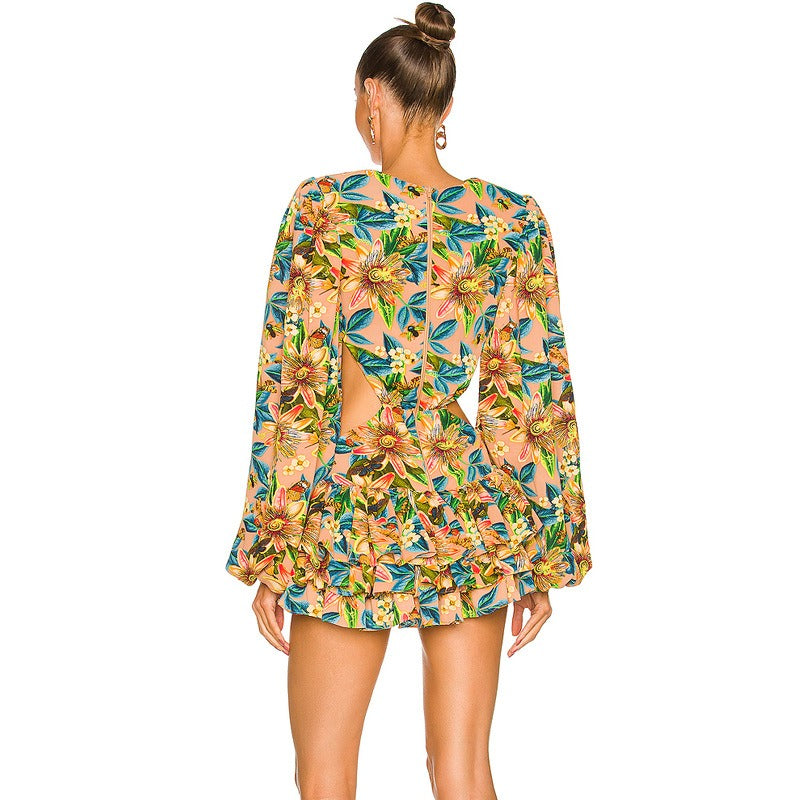 Sexy Women's Floral Deep V-Neck Sleeves Dress with Cutt-offs Designs