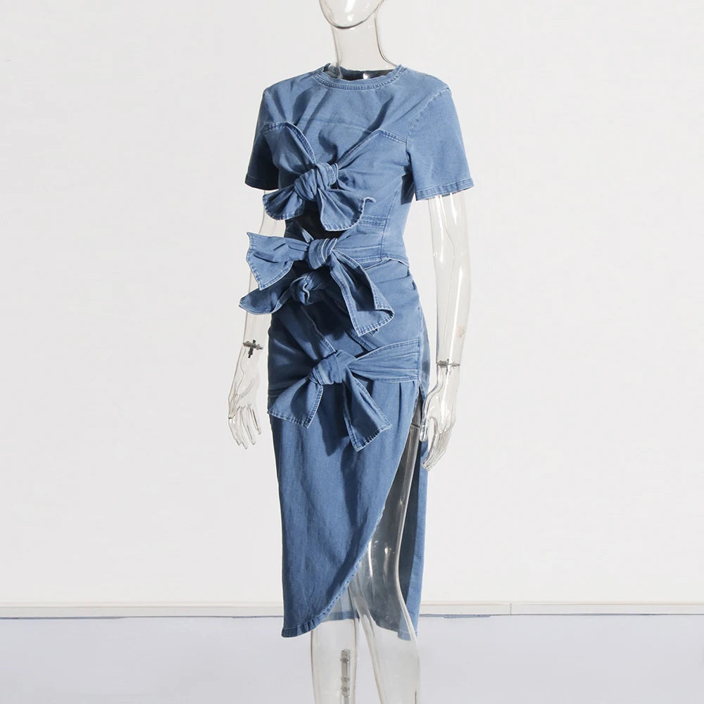 Trendy Round Neck Denim  Cropped Top+Denim  Skirt Two-piece Set With Bow Ties Design Details