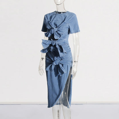 Trendy Round Neck Denim  Cropped Top+Denim  Skirt Two-piece Set With Bow Ties Design Details