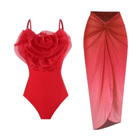 Floral Romance Ruffle One-Piece Swimsuit & Ombre Sarong Set