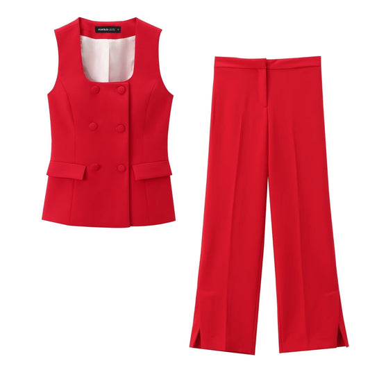 Red Sleeveless Double-Breasted Vest & Trousers Set – Power Dressing, Reinvented