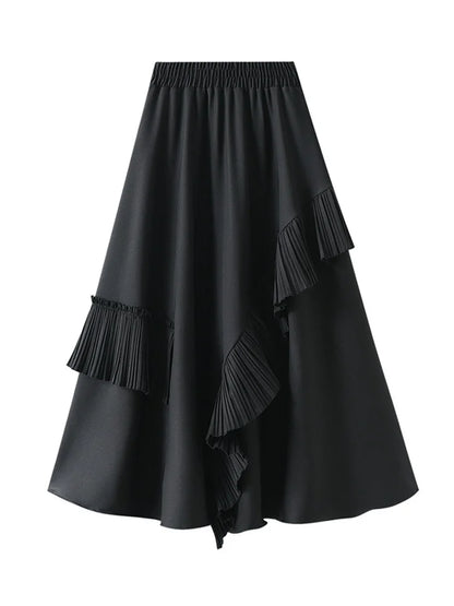 Elegant Midi Length Asymmetrical Ruffles Skirt