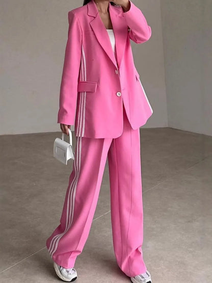 Athleisure‐Inspired Three‐Stripe Blazer & Wide-Leg Pant Set
