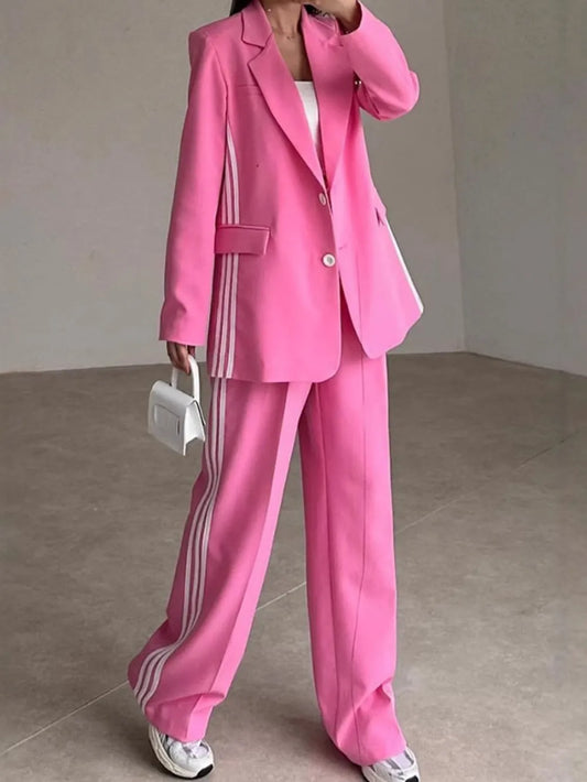 Athleisure‐Inspired Three‐Stripe Blazer & Wide-Leg Pant Set