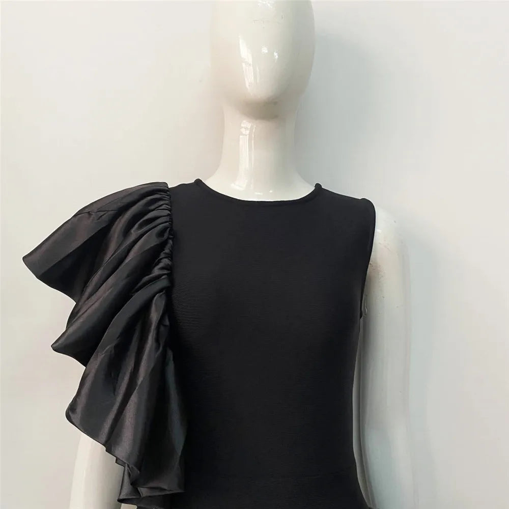 Stylish Ruffle Edge Elastic Slim Fit Black Evening Dress