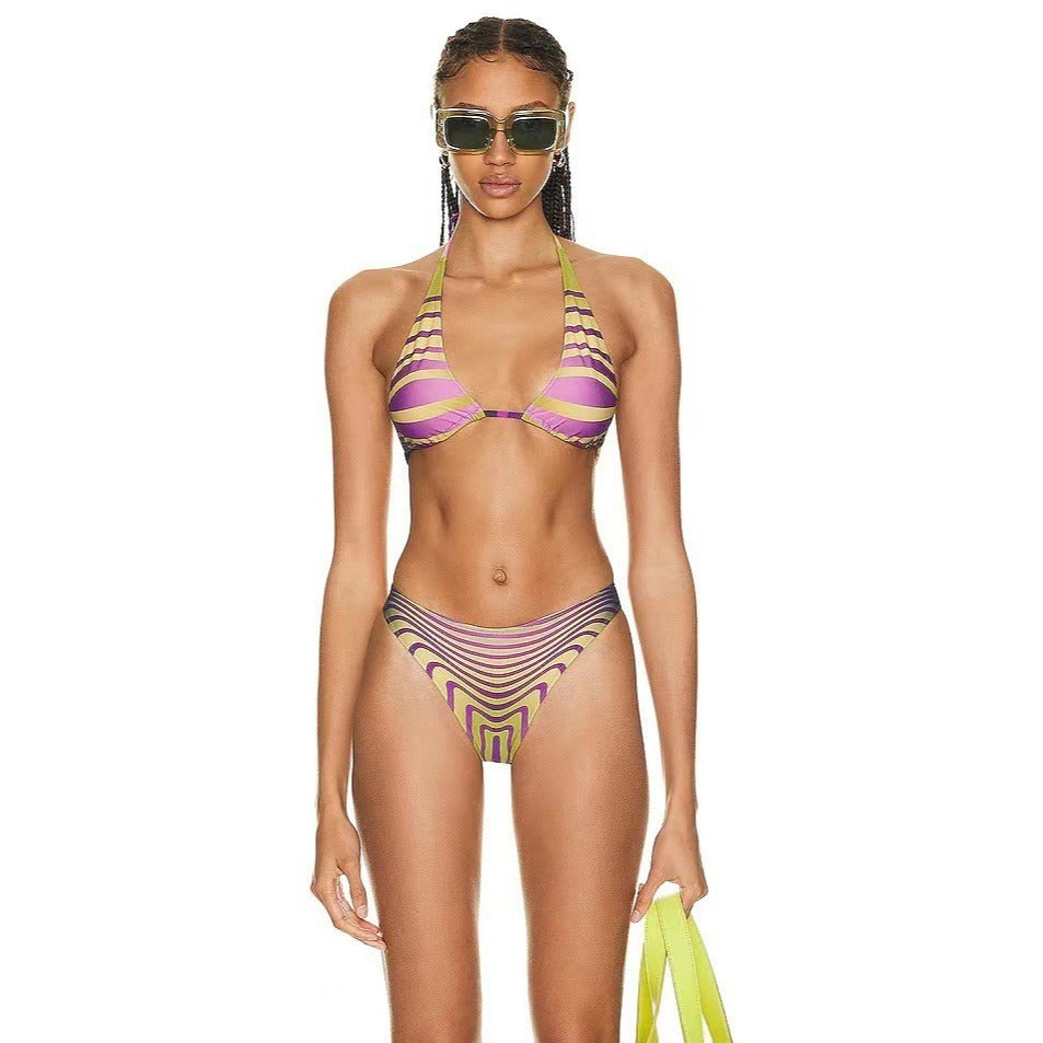 Psychedelic Vibes Halter Bikini Set – Purple & Lime Optical Illusion Print