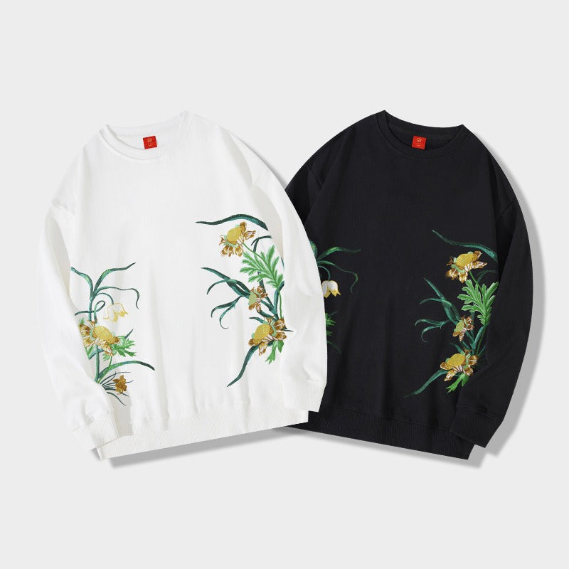 Chinese Influenced Sweatshirt With Embroidered Floral Patterns