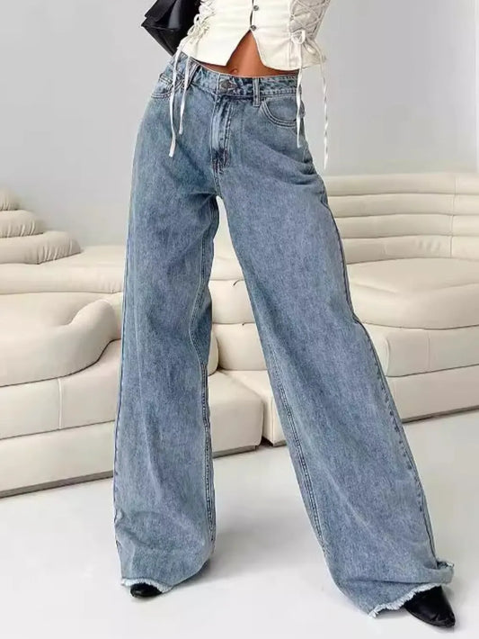 Cobalt-Stitch White  and Blue Wide-Leg Raw-Hem Jeans