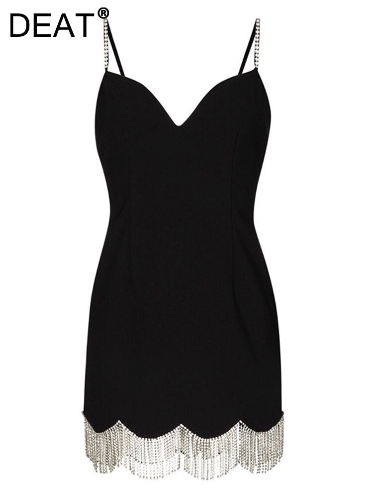 Little Black Slip Dress With SparklingTassels