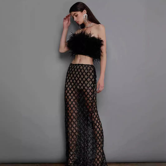 Sexy 3 D Feather Tube Top With a Trendy Sheer Sequined Netted Long Skirt, Complete Stylish Outfit