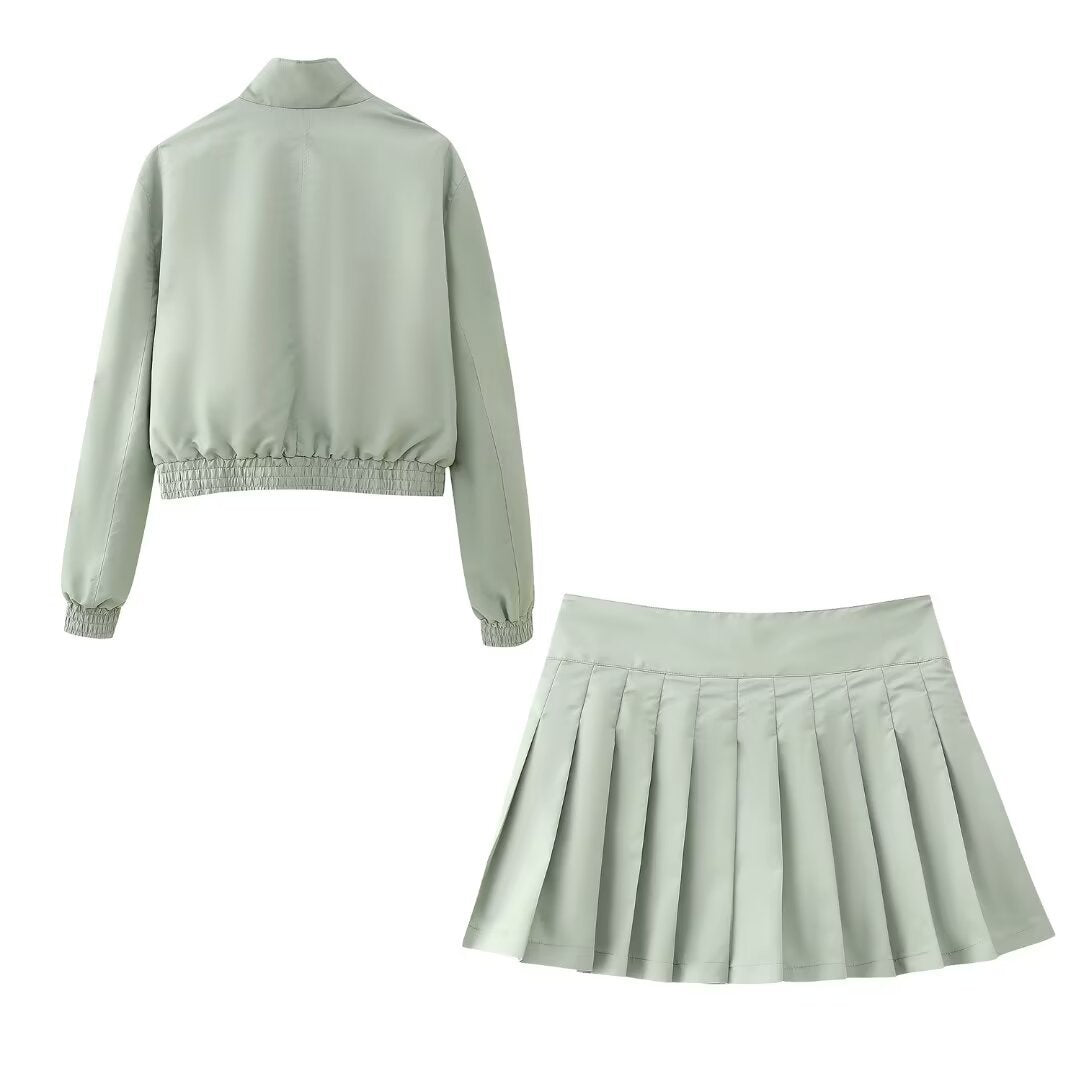 Trendy Green zippered Jacket+ Pleated Mini Skirt Set