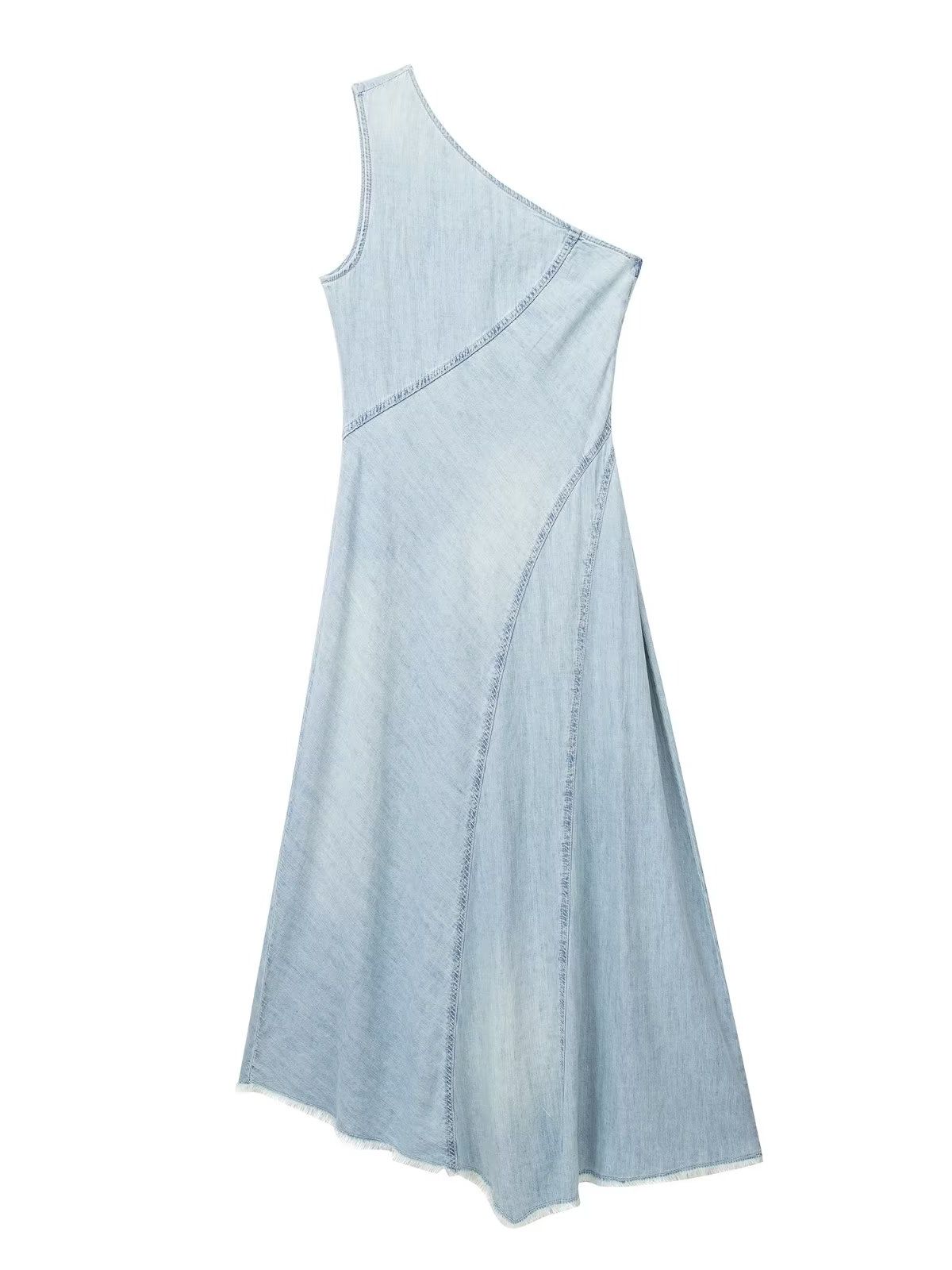 Chic Casual Denim Dress For Women With  Asymmetric One Shoulder