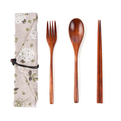 Three Piece Set of Japanese Wooden Tableware, Chopsticks, Spoons,Knife, Fork, Knife