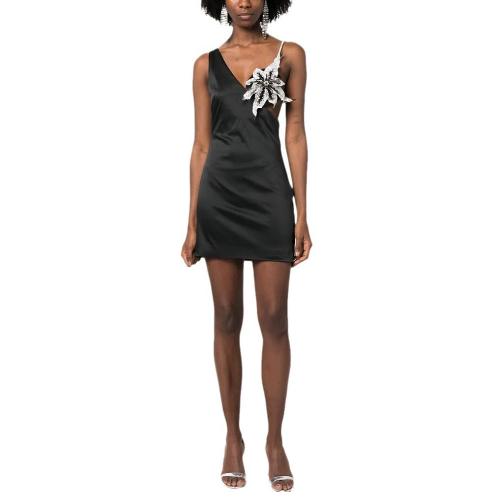 Chic One Shoulder Slim Fitting  Mini Dress with a Diamond Sunflower Design