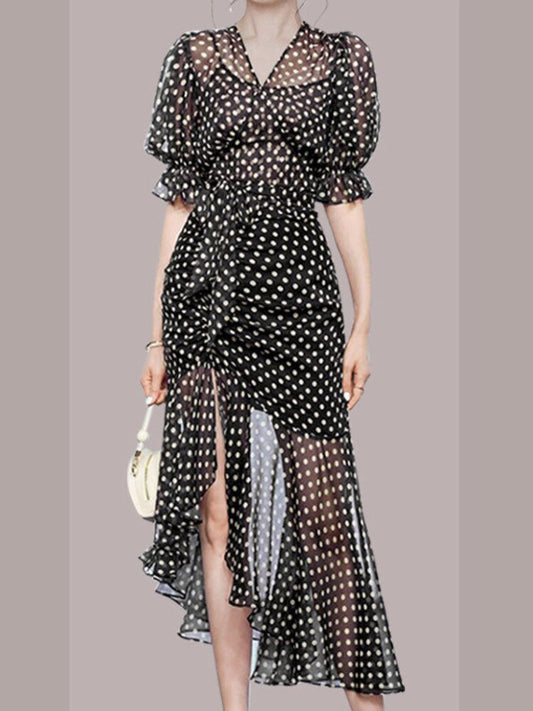 Elegant Chiffon Polka Dot  Dress With V Collar and  Lantern Sleeves