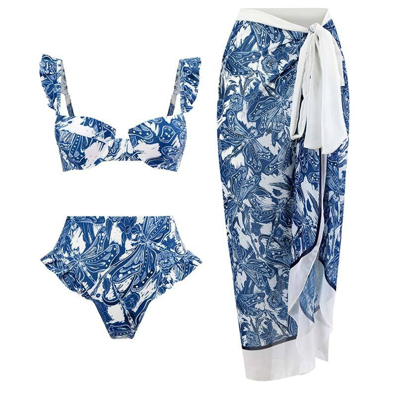 Three-piece Set of Retro Style Print Swimsuits Paired with a Matching Sarong in Multiple Designs