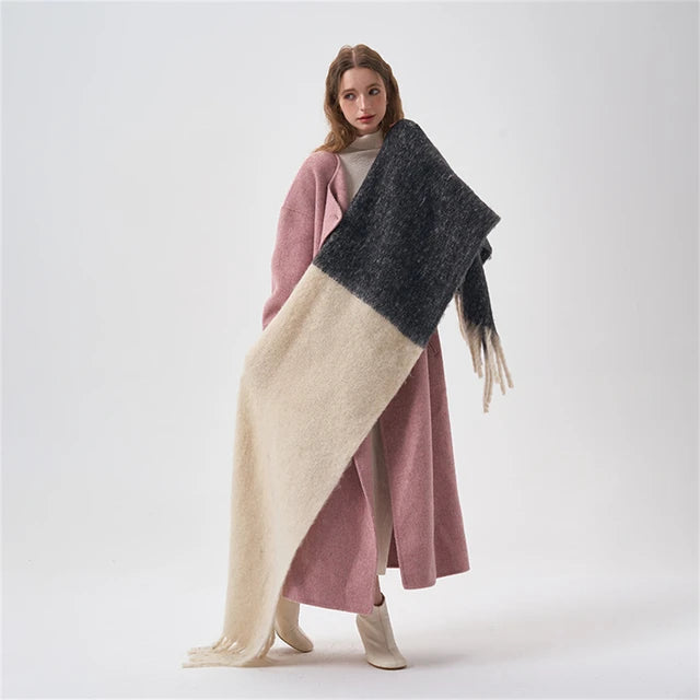 Simple Color Blocking Soft Plush  Cashmere Like Thick  Extra Long Scarf/ Shawl