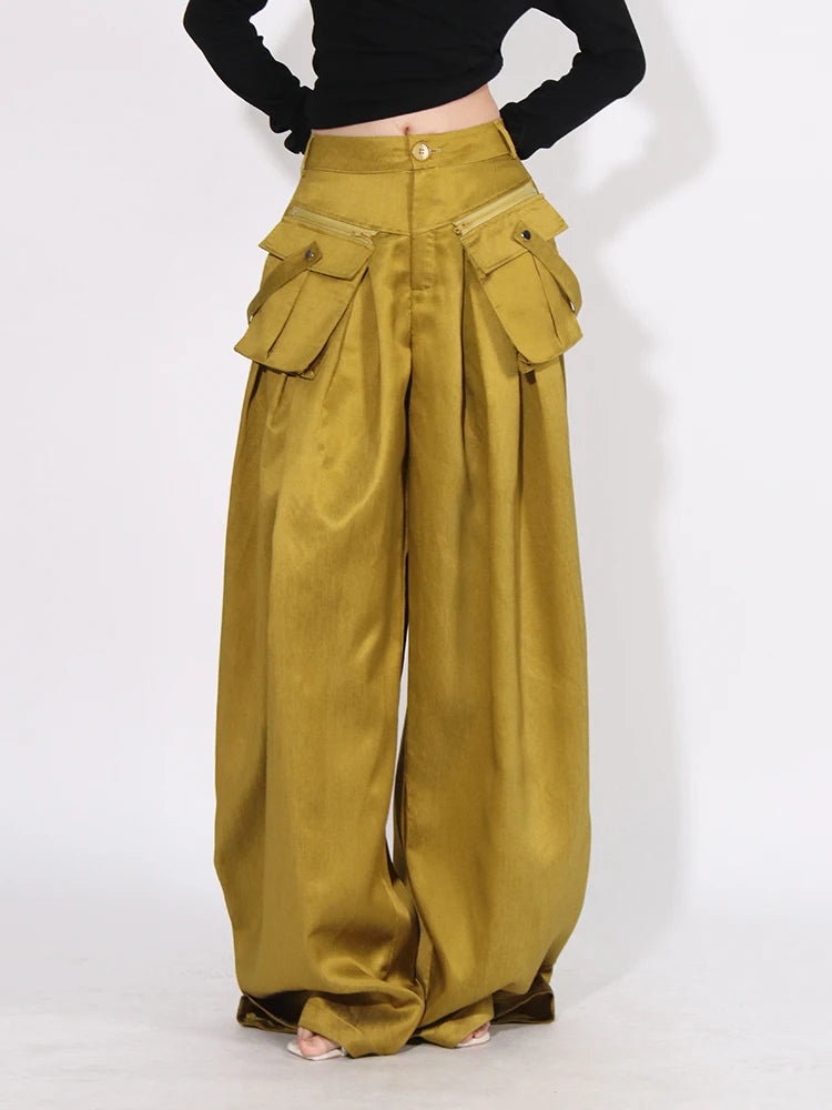 Stylish Floor Length Wide Legged High Waisted Loose Pants With Hanging Pockets